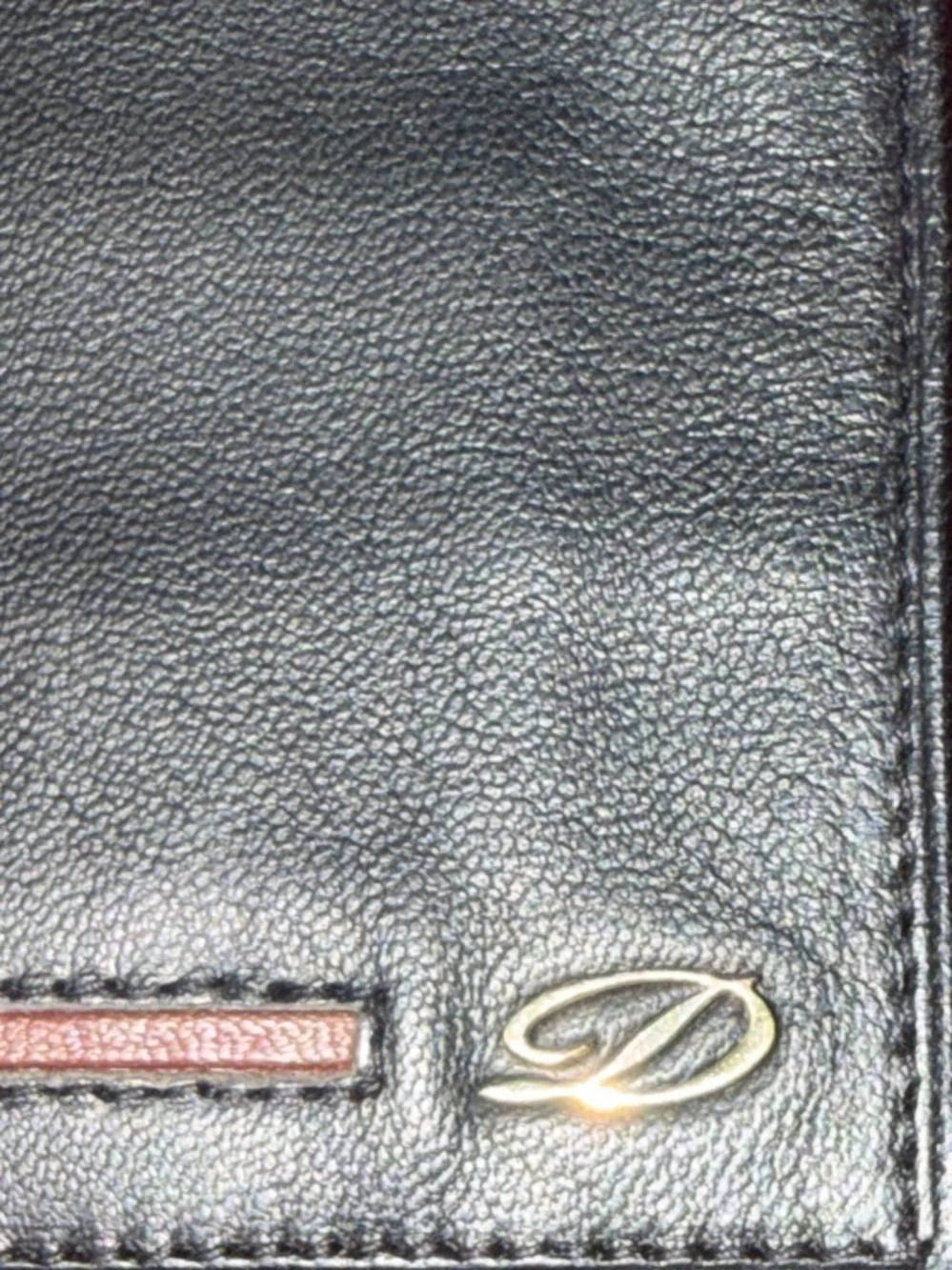 ST Dupont Paris Black Leather Envelope Clutch with Brown Trim and Gold Initial